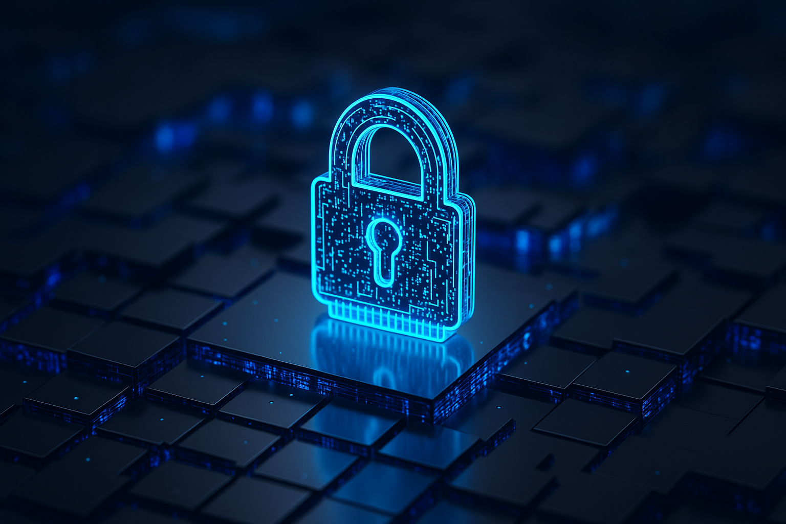 Lucchetto digitale blu luminoso su sfondo tecnologico che rappresenta la sicurezza informatica e la protezione dei dati