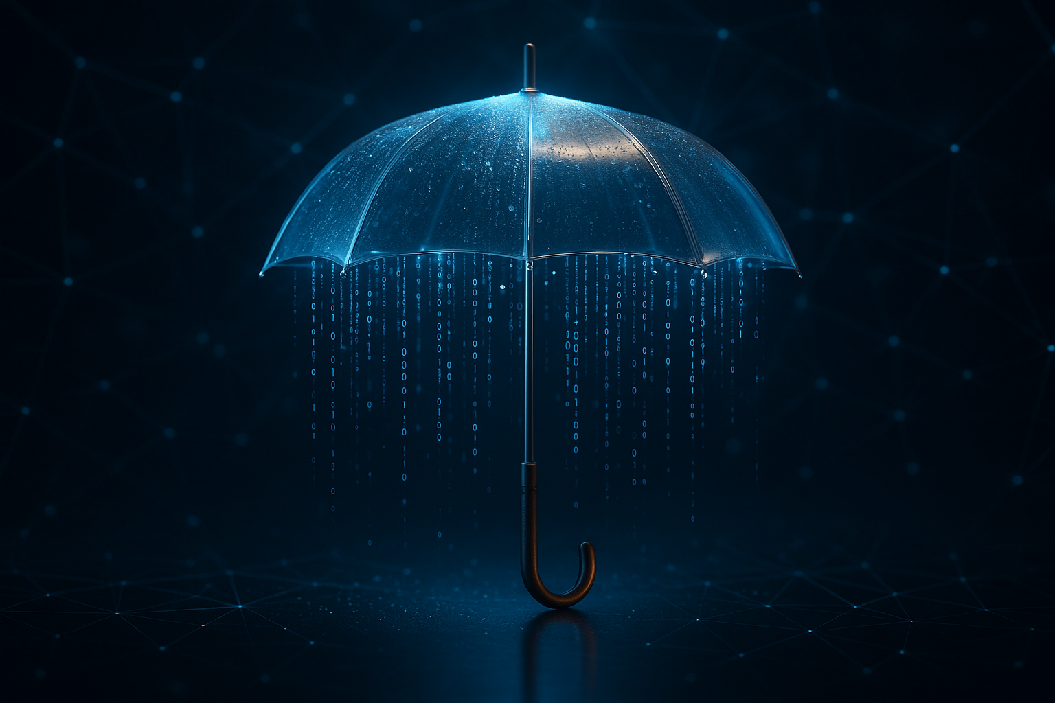 Ombrello trasparente che respinge pioggia di codice binario: protezione dati e sicurezza informatica.